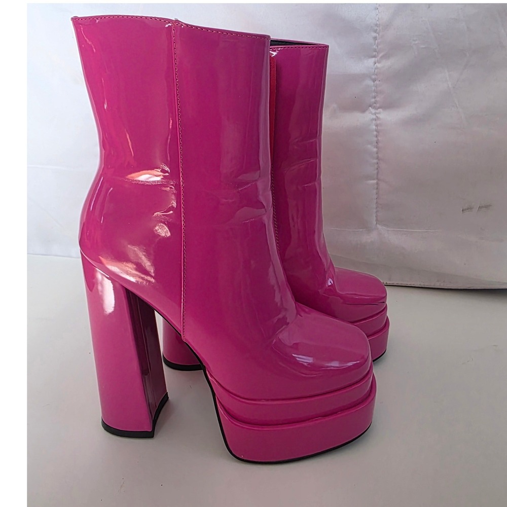 Hot Pink Azala Wang Patent Platform Chunky Heel Ankle Boots Women's Size 6 - Picture 5 of 8